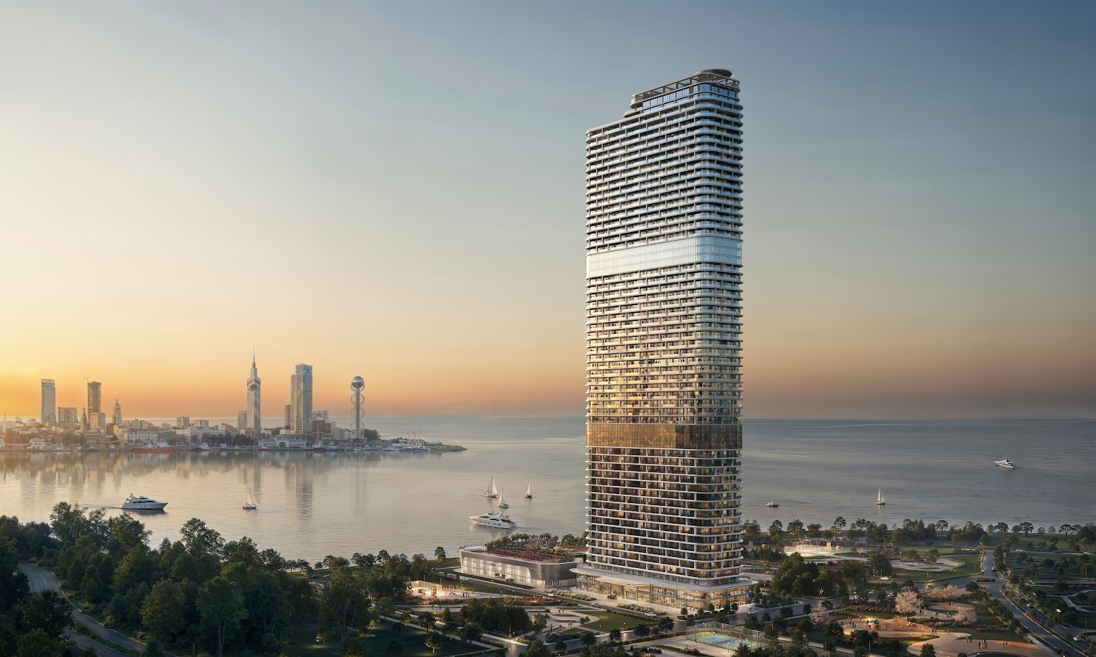 The First Tower at Ambassadori Island Batumi seen from the Black Sea