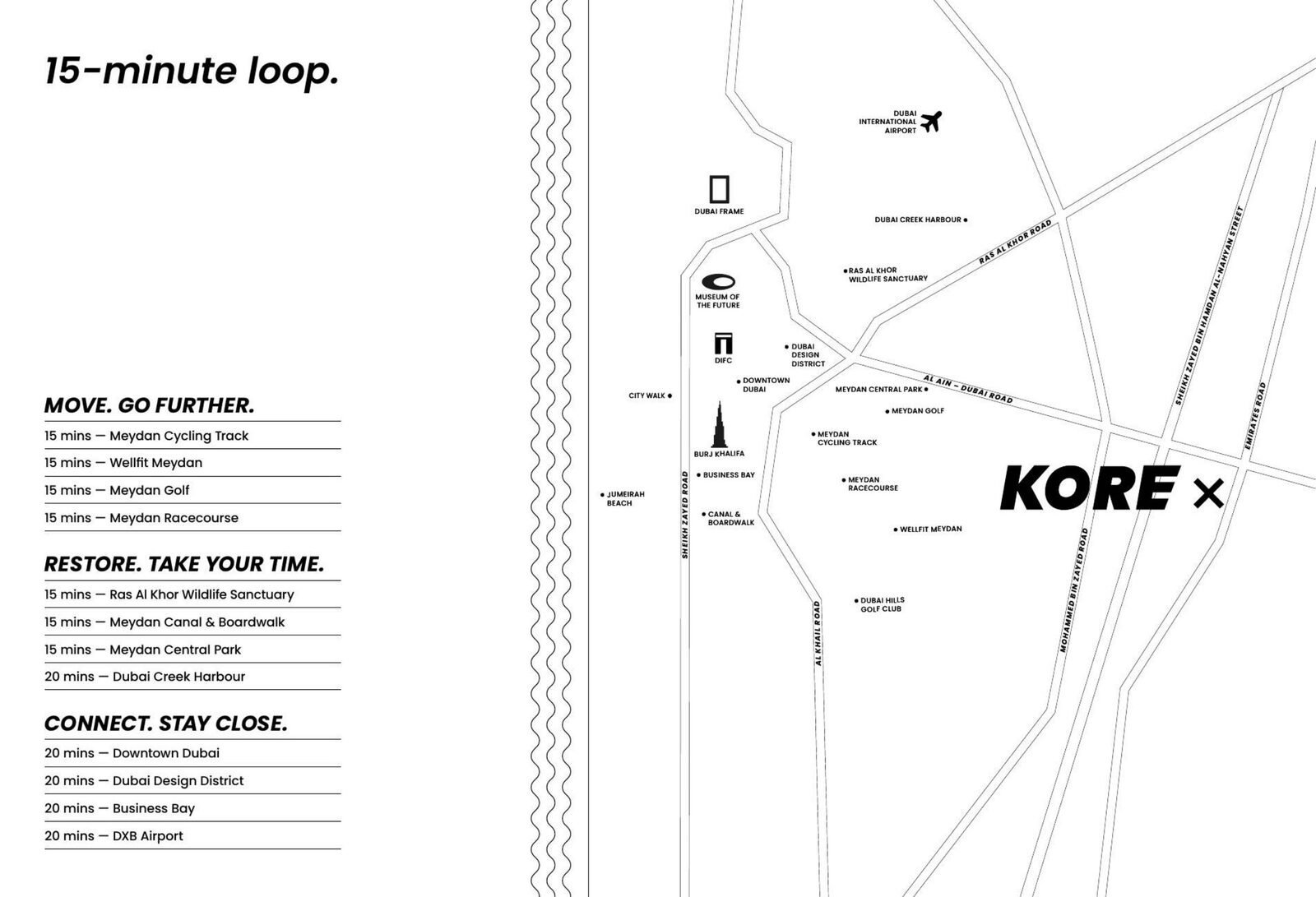 Drive time map for KORE by Imtiaz showing fifteen minutes to Meydan