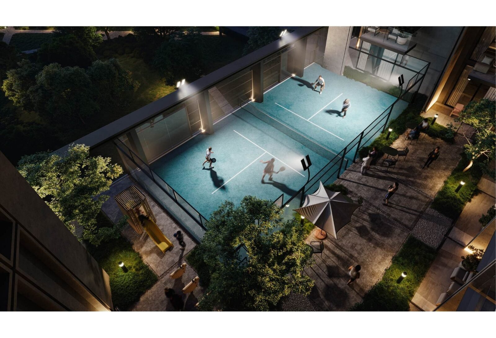 Private floodlit padel court at KORE by Imtiaz