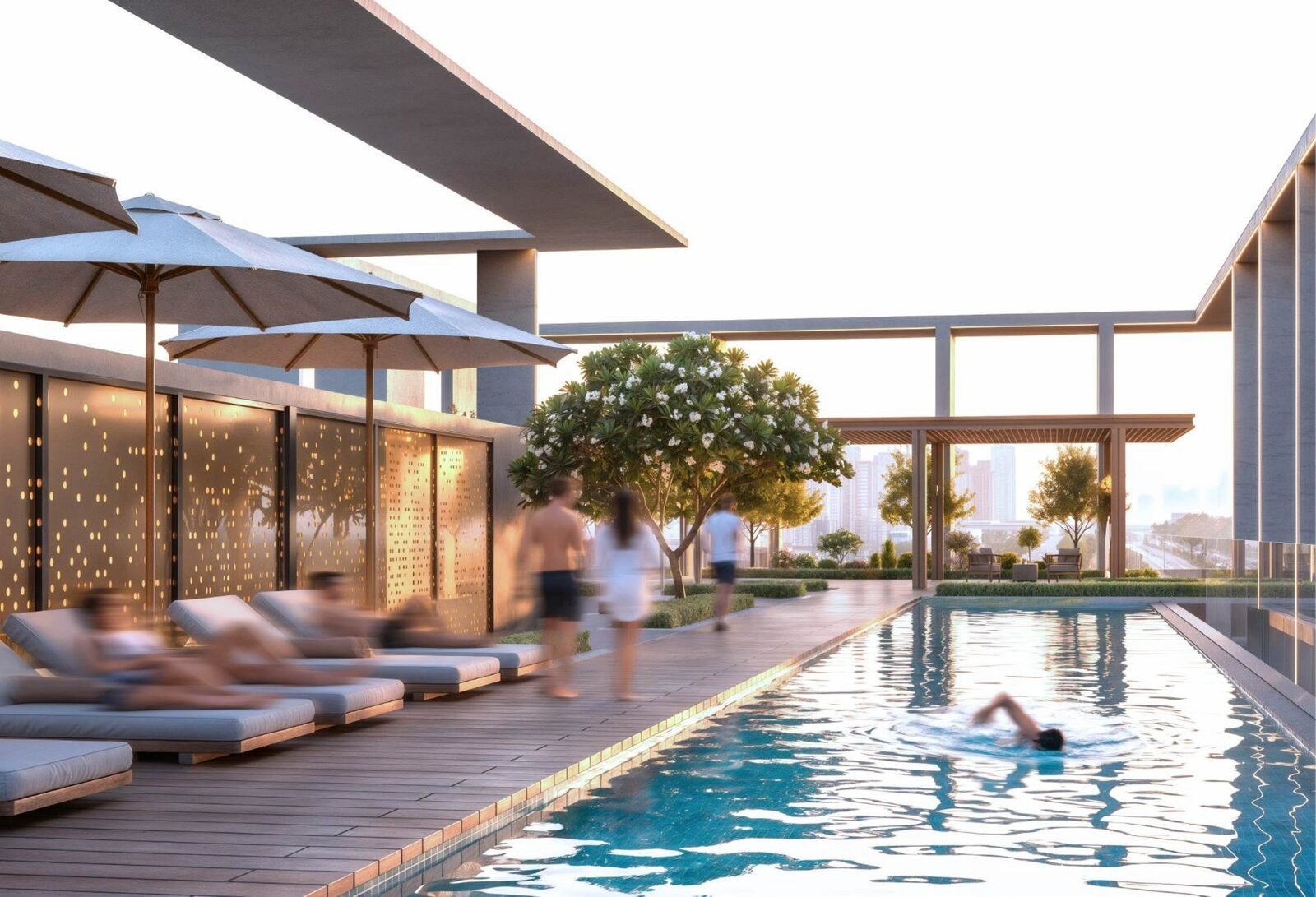 Lap pool and shaded sunset deck at KORE by Imtiaz in Dubailand